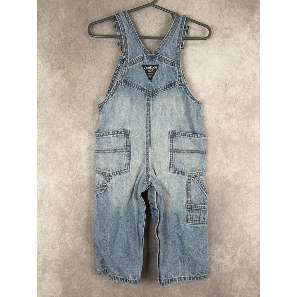 Oshkosh B'gosh Denim Overalls Light Wash Logo Patch Kids 18 Months Snap Crotch - Picture 4 of 5